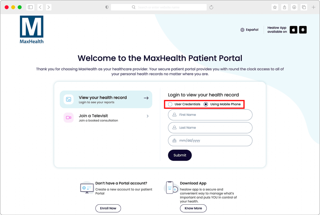 Sign in with Account MaxHealth